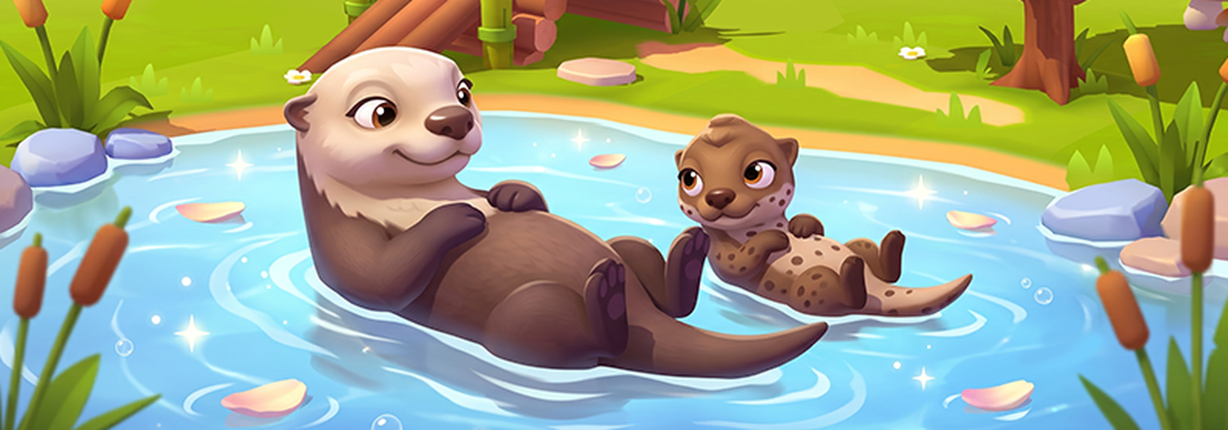 Otters floating in the pond